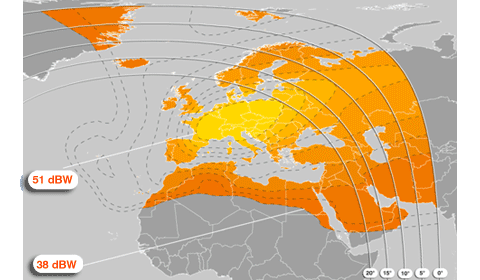 To Europe, Middle East and North Africa - Via Atlantic Bird 1 satellite at 12.5° West