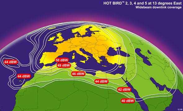 To Europe, Middle East and North Africa - Via Hotbird-8 (former Hotbird-3) satellite at 13° East