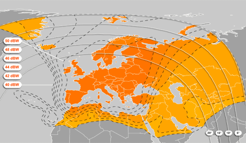 To Europe, Middle East and North Africa - Via Eurobird-9 satellite at 9° East