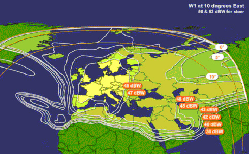 To Europe, Middle East and North Africa - Via Eutelsat W1 satellite at 10° East